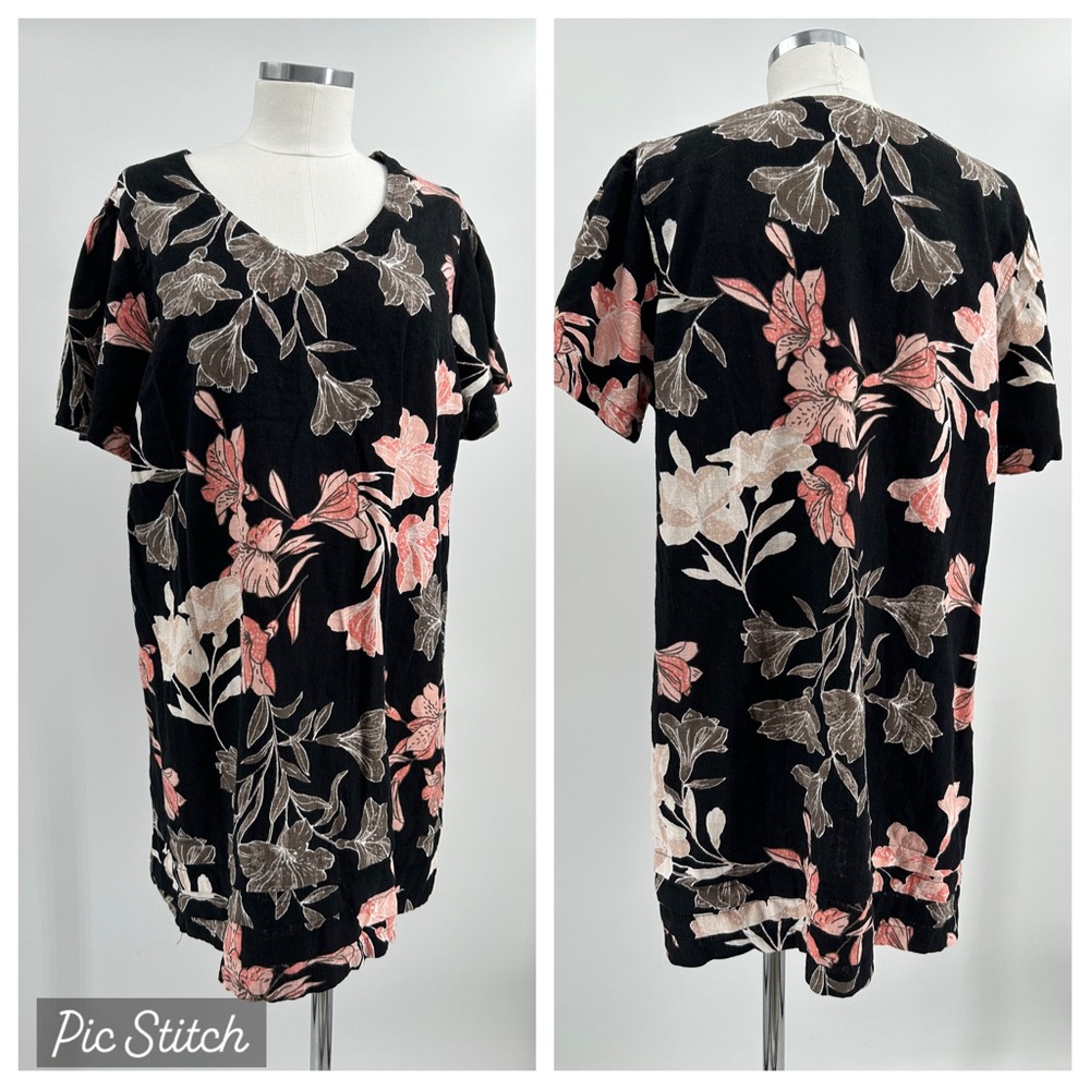 Nicole Miller Black Pink Floral Midi Dress V-Neck Relaxed Fit XXL